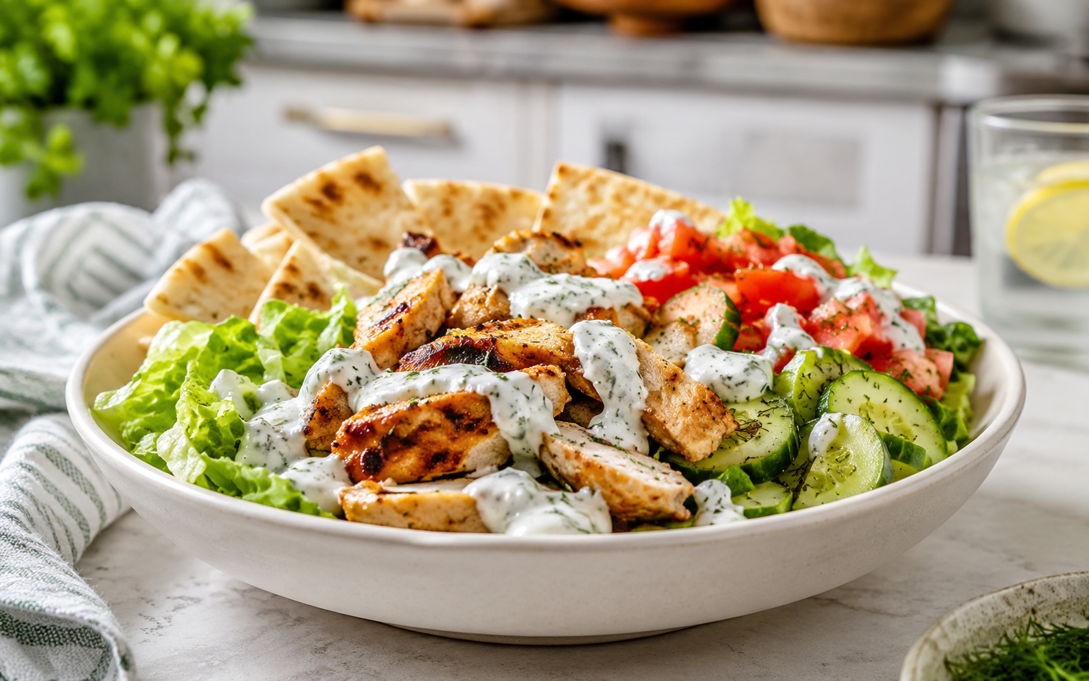 Pita bowl z kurczakiem i zimnym sosem