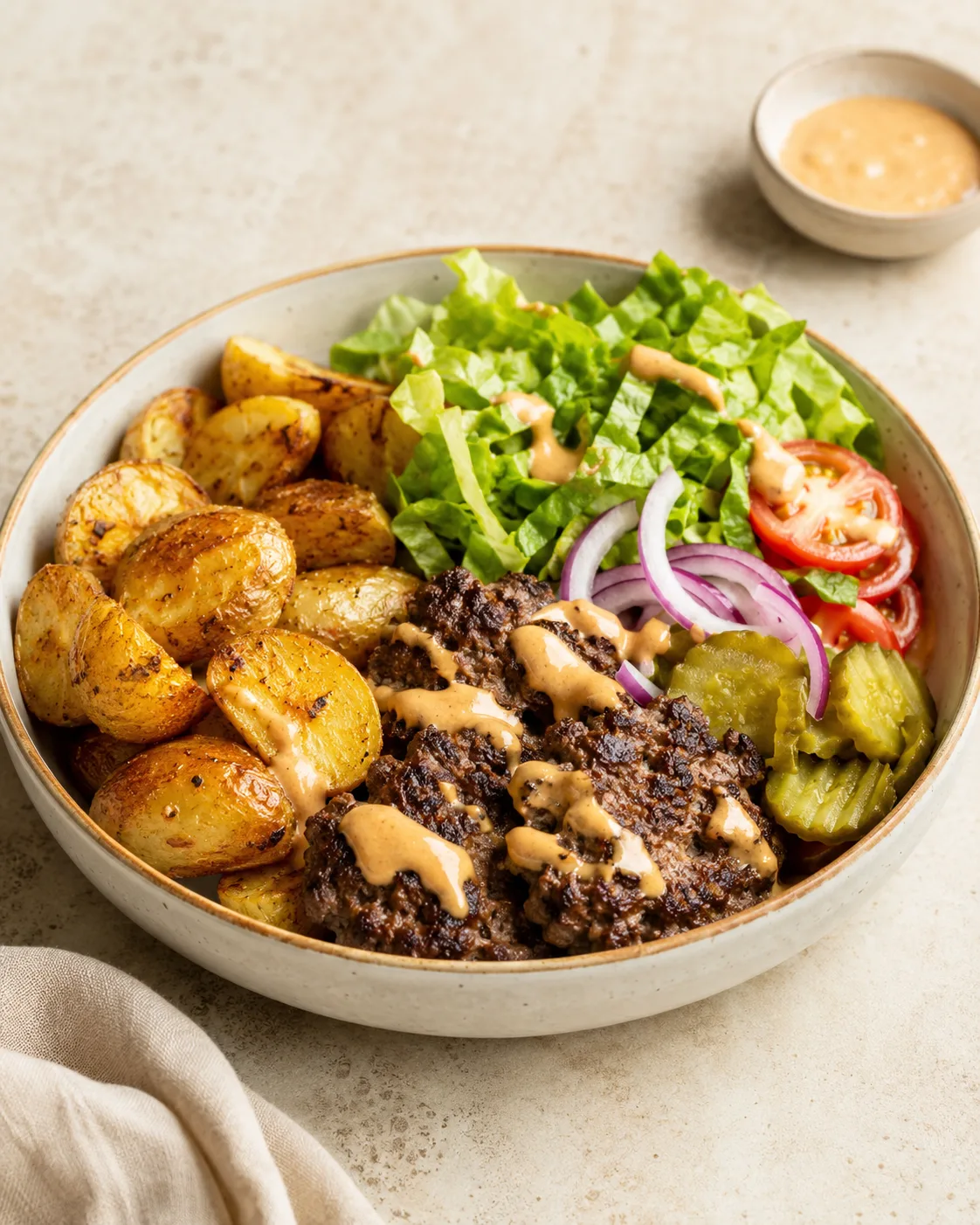 Burger bowl z pieczonymi ziemniaczkami