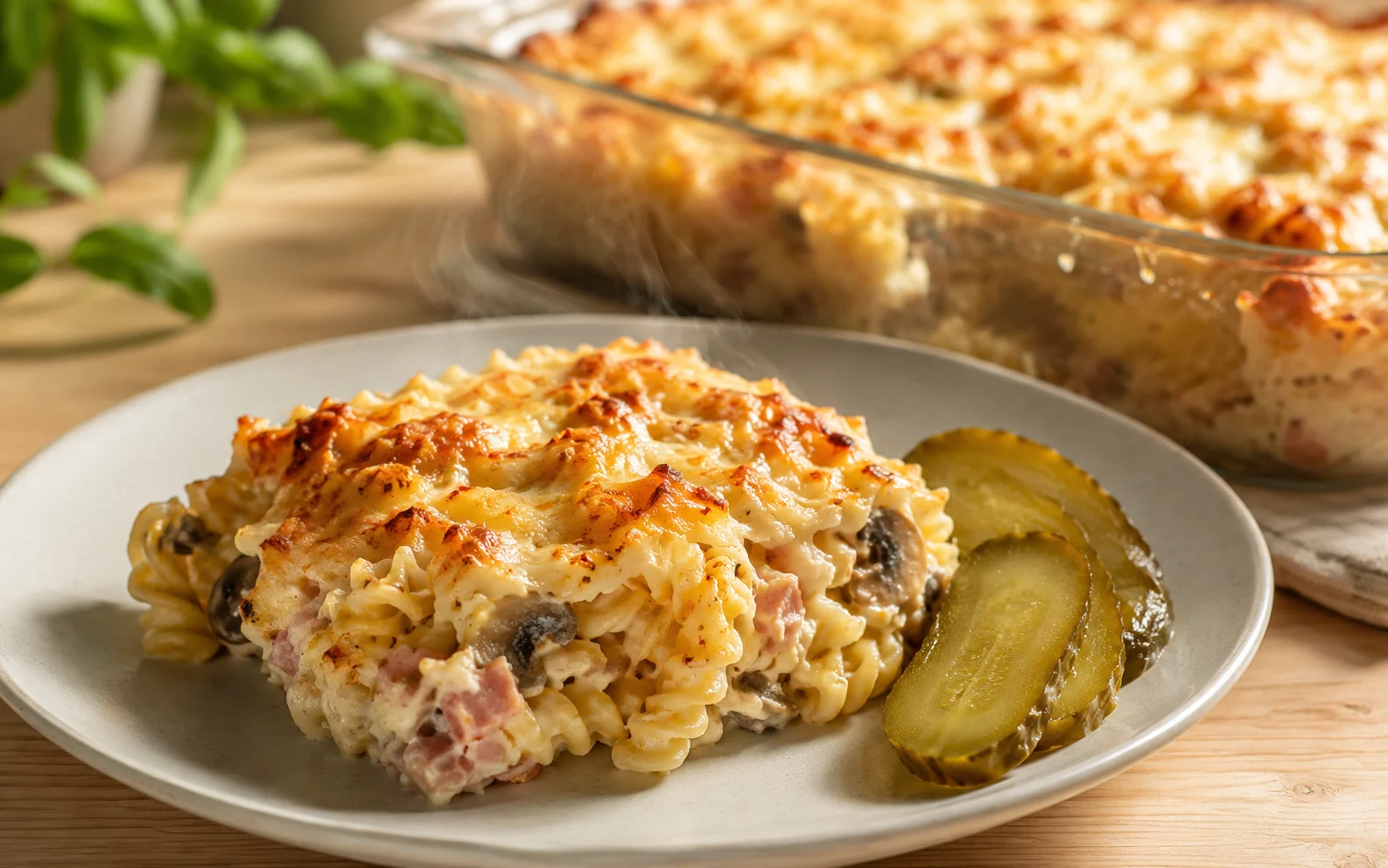 Zapiekanka makaronowa z szynką i pieczarkami